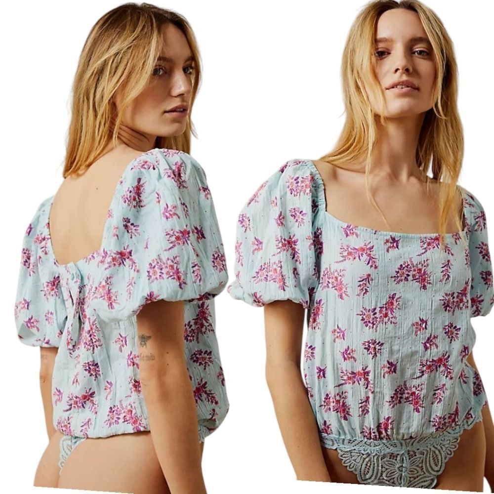 Free People Crinkle Square Neck  Blouse Bodysuit 'ANGELA' in Mint Size m - Picture 13 of 16